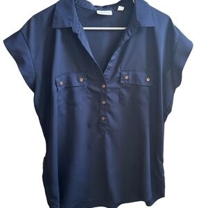 NEW YORK & COMPANY Womens Navy Blue Button Front Utility Shirt Top Size L